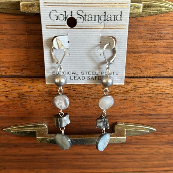 Shades of gray bohemian style multi material dangle pierced earrings. New. - Picture 2 of 3